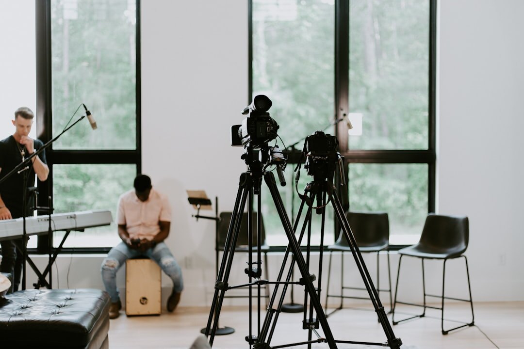 Live broadcast studio with cameras and monitors